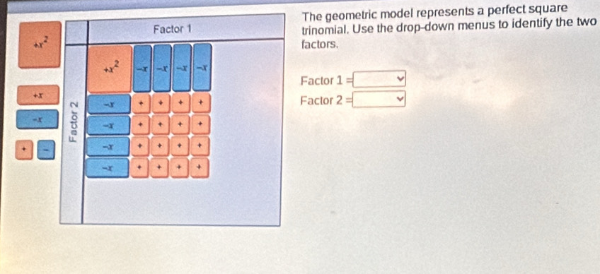 The geometric model represents a perfect square 
Factor 1 trinomial. Use the drop-down menus to identify the two
4x^2
factors.
+x^2 -x -x -x -r 
Factor 1=□
+x 
-r + + + + Factor 2=□
=x 8 -x + + + + 
+ - -x + + + + 
-x + + + +