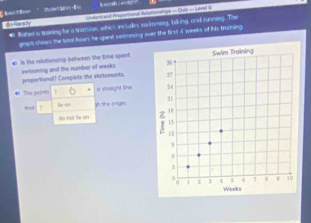 Ereal # Daon Student Links - Bay Lensels Léssionn 
@HReady Understand Proportional Relationships — Quiz — Level G 
* Rafael is training for a triathlon, which includes swimming, biking, and running. The 
graph shows the total hours he spent swimming over the first 4 weeks of his training. 
● Is the relationship between the time spent 
swimming and the number of weeks
proportional? Compiete the statements. 
# The points 7 a straight line 
that 7 lie on gh the origin. 
do not lie on