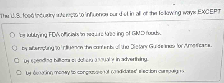 The U.S. food industry attempts to influence our diet in all of the following ways EXCEPT
by lobbying FDA officials to require labeling of GMO foods.
by attempting to influence the contents of the Dietary Guidelines for Americans.
by spending billions of dollars annually in advertising.
by donating money to congressional candidates' election campaigns.