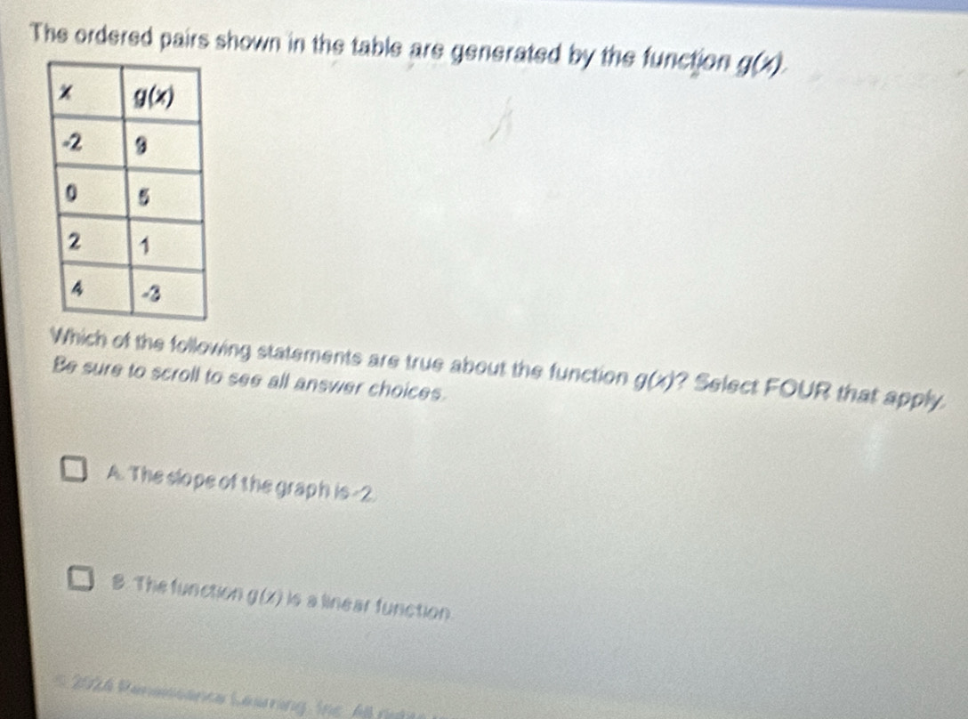 The ordered pairs shown in the table are generated by the function g(x).
Which of the following statements are true about the function g(x) ? Select FOUR that apply.
Be sure to scroll to see all answer choices.
A. The slope of the graph is -2.
8. The function g(x) is a linear function.
2024 Renassanca Lering  Ine  A r