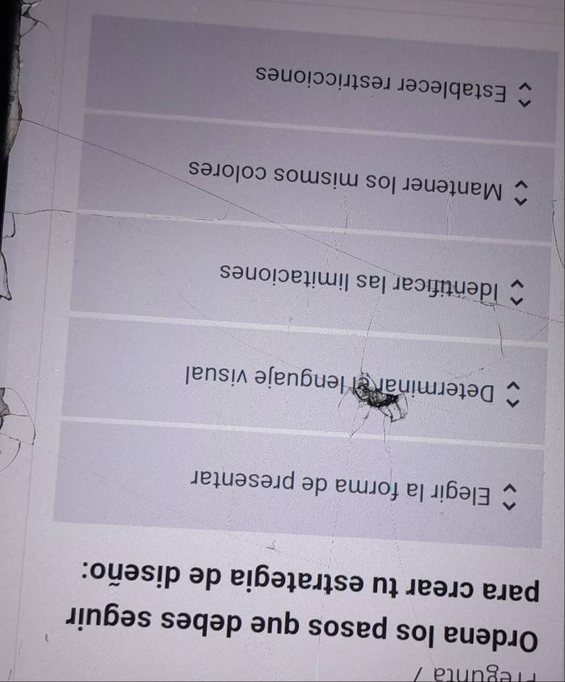 regunta /
Ordena los pasos que debes seguir
para crear tu estrategia de diseño:
Elegir la forma de presentar
Determinal el lenguaje visual
Identificar las limitaciones
Mantener los mismos colores
Establecer restricciones