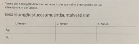 Nerne die Konjugationsformen von esse in der Wortreihe. Unterstreiche sie und 
schreibe sie in die Tabelle. 
tesarsumgliestucosumusntisuntalvestisnm