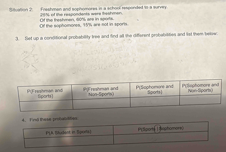 Situation 2: Freshmen and sophomores in a school responded to a survey.
25% of the respondents were freshmen. 
Of the freshmen, 60% are in sports. 
Of the sophomores, 15% are not in sports. 
3. Set up a conditional probability tree and find all the different probabilities and list them below: 
these probabilities: