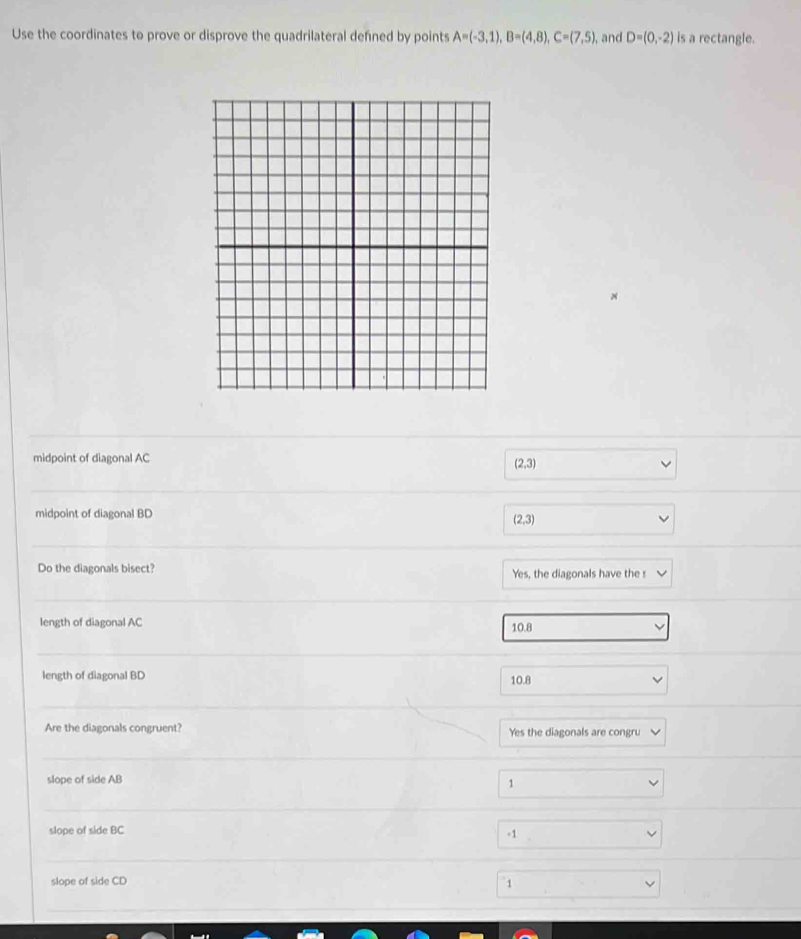 Use the coordinates to prove or disprove the quadrilateral defined by points A=(-3,1), B=(4,8), C=(7,5) , and D=(0,-2) is a rectangle.
midpoint of diagonal AC
(2,3)
midpoint of diagonal BD
(2,3)
Do the diagonals bisect? Yes, the diagonals have the s
length of diagonal AC 10.8
length of diagonal BD
10.8
Are the diagonals congruent? Yes the diagonals are congru
slope of side AB
1
slope of side BC
-1
slope of side CD
1