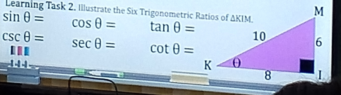 Learning Task 2. Illustrate the Six Trigonometric Ratios of
sin θ = cos θ =
tan θ =
csc θ = sec θ =
cot θ =