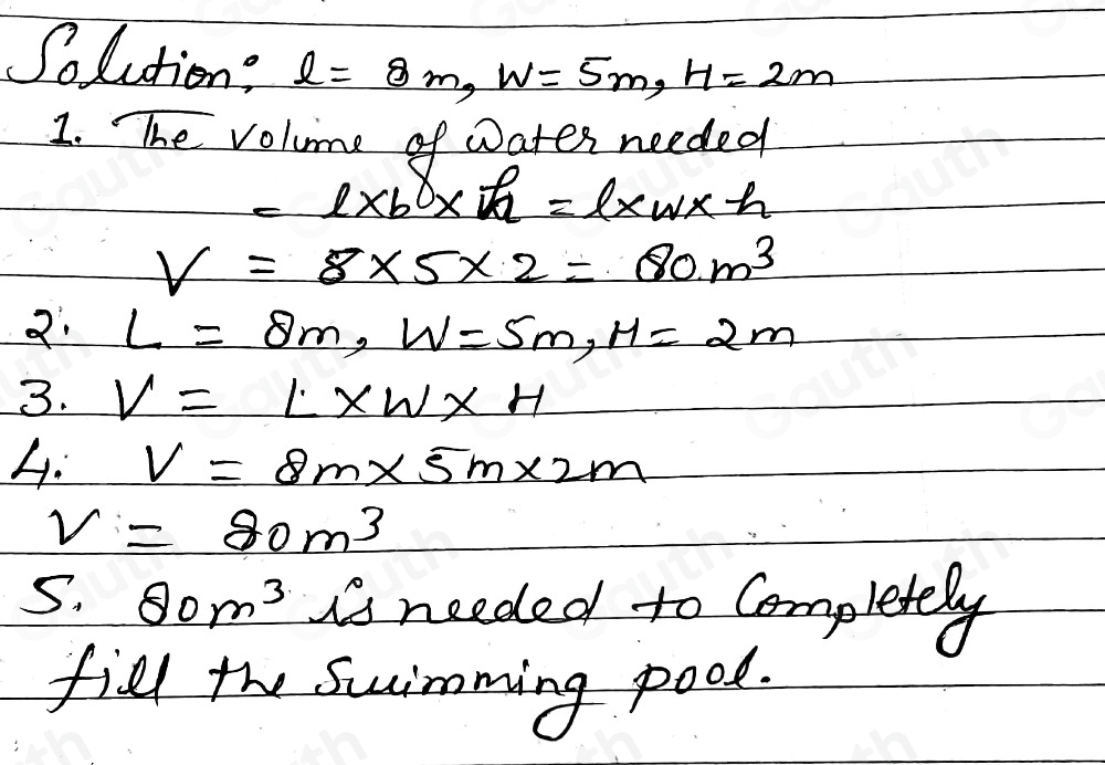 Solved: A rectangular swimming pool 8 in long, 5 as wide and 2 m deep ...