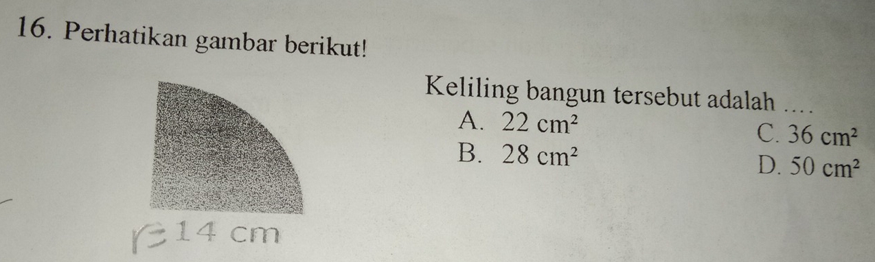 Perhatikan gambar berikut!
Keliling bangun tersebut adalah_
A. 22cm^2
C. 36cm^2
B. 28cm^2
D. 50cm^2
14cm