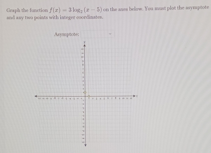 Graph the function f(x)=3log _2(x-5) on the axes below. You must plot the asymptote 
and any two points with integer coordinates. 
Asymptote: