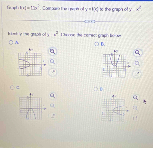 Graph f(x)=11x^2 Compare the graph of y=f(x) to the graph of y=x^2. 
Identify the graph of y=x^2. Choose the correct graph below. 
A. 
B. 
C. 
D.
y
5
5