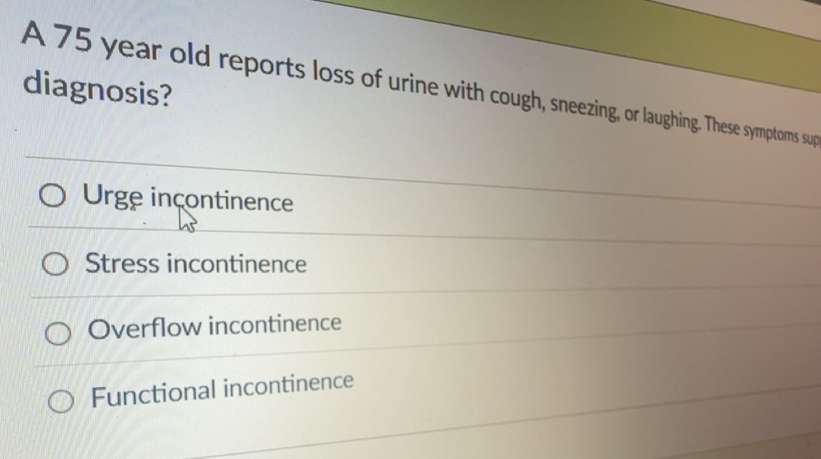 Solved: diagnosis? A 75 year old reports loss of urine with cough ...
