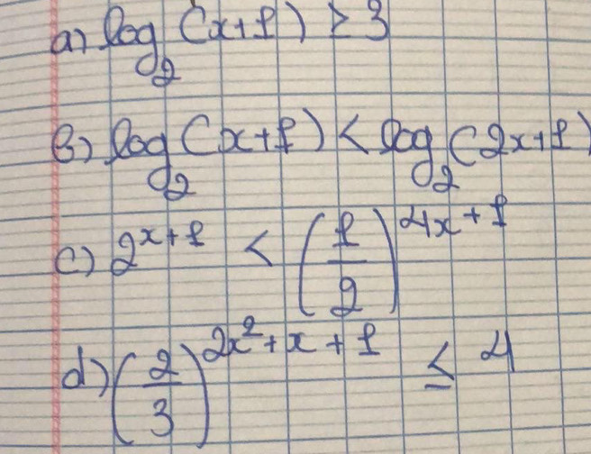 ai log _2(x+1)≥slant 3
() log _2(x+1)
() 2^(x+1)
d ( 2/3 )^2x^2+x+1≤ 4