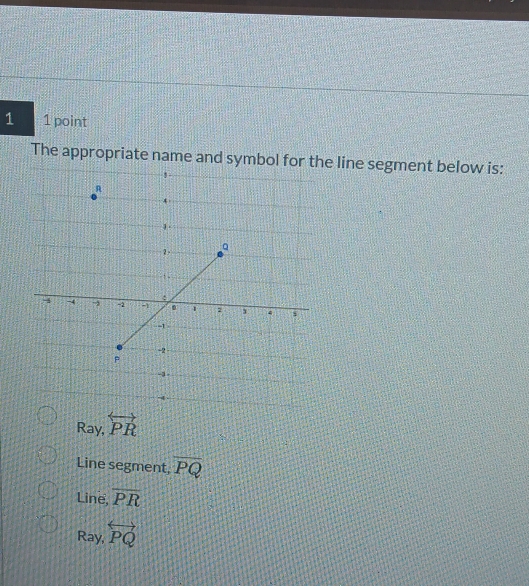 1 1 point
The appropriate name and symbe line segment below is:
Ray, overleftrightarrow PR
Line segment, overline PQ
Line, overline PR
Ray, overleftrightarrow PQ