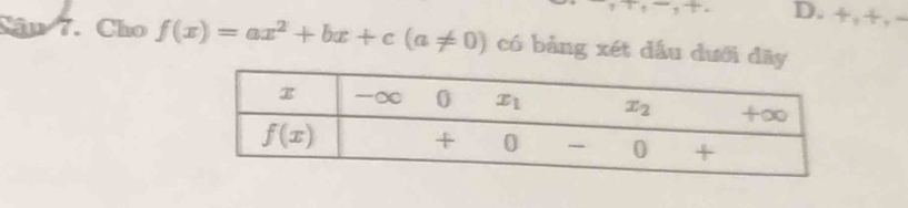 D. +,+, −
Sâp 7. Cho f(x)=ax^2+bx+c(a!= 0) có bảng xét dầu dưới dây