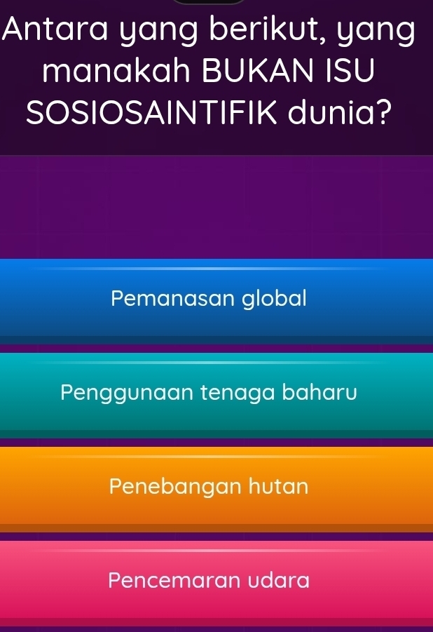 Antara yang berikut, yang
manakah BUKAN ISU
SOSIOSAINTIFIK dunia?
Pemanasan global
Penggunaan tenaga baharu
Penebangan hutan
Pencemaran udara