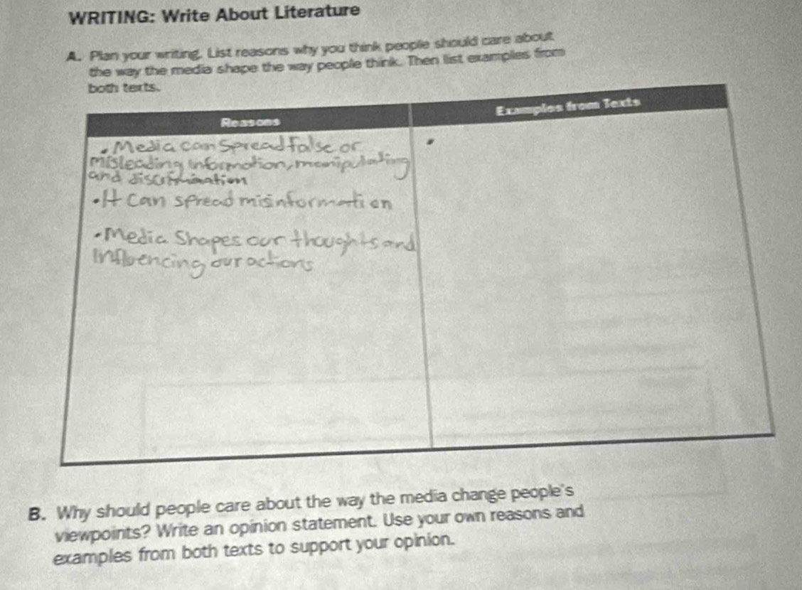 WRITING: Write About Literature 
A. Plan your writing. List reasons why you think people should care about 
the way the media shape the way people think. Then list examples from 
B. Why should people care about the way the media change people's 
viewpoints? Write an opinion statement. Use your own reasons and 
examples from both texts to support your opinion.