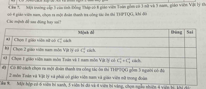 2   0 cacn xep de An
Câu 7. Một trường cấp 3 của tỉnh Đồng Tháp có 8 giáo viên Toán gồm có 3 nữ và 5 nam, giáo viên Vật lý th
có 4 giáo viên nam, chọn ra một đoàn thanh tra công tác ôn thi THPTQG, khi đó
Các mệnh đề sau đúng hay sai?
d
Câà 4 viên bi vàng, chọn ngẫu nhiên 4 viên bị, khi đó: