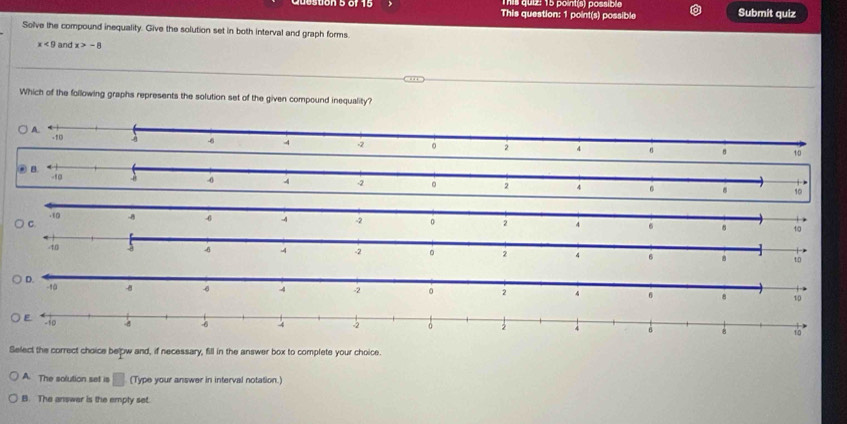 is ques 15 pointa) possiblo
This question: 1 point(s) possible Submit quiz
Solve the compound inequality. Give the solution set in both interval and graph forms.
x<0</tex> and x>-8
Which of the following graphs represents the solution set of the given compound inequality?
2 8
6
Select the correct choice belpw and, if necessary, fill in the answer box to complete your choice.
A. The solution set is □ (Type your answer in interval notation.)
B. The answer is the empty set.