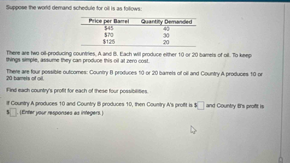 Suppose the world demand schedule for oil is as follows: 
There are two oil-producing countries, A and B. Each will produce either 10 or 20 barrels of oil. To keep 
things simple, assume they can produce this oil at zero cost. 
There are four possible outcomes: Country B produces 10 or 20 barrels of oil and Country A produces 10 or
20 barreis of oil. 
Find each country's profit for each of these four possibilities. 
If Country A produces 10 and Country B produces 10, then Country A's profit is $□ and Country B's profit is
5 □. (Enter your responses as integers.)