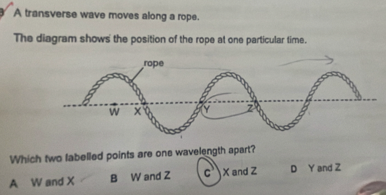 Selesai:A transverse wave moves along a rope. The diagram shows the ...