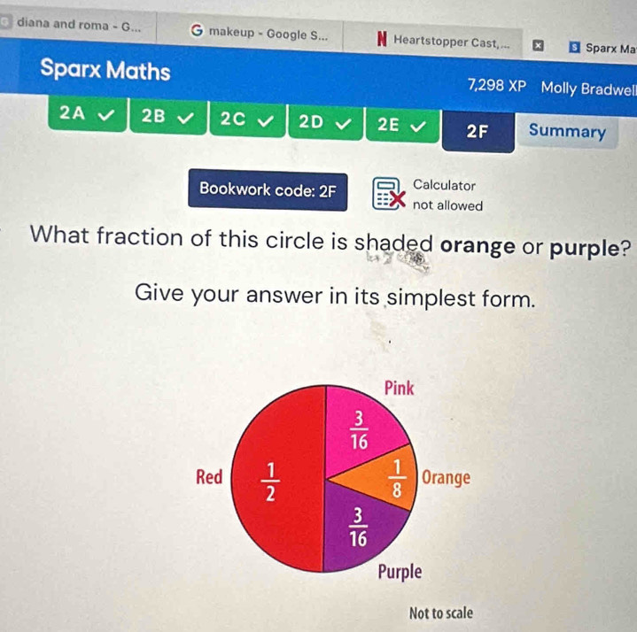 diana and roma - G... makeup - Google S... Heartstopper Cast,...  Sparx Ma
Sparx Maths 7,298 XP Molly Bradwell
2A 2B 2C 2D 2E 2F Summary
Bookwork code: 2F Calculator
not allowed
What fraction of this circle is shaded orange or purple?
Give your answer in its simplest form.
Not to scale