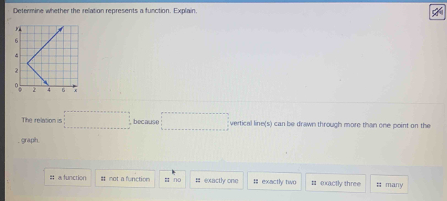 Determine whether the relation represents a function. Explain.
The relation is □ , because □ vertical line(s) can be drawn through more than one point on the
graph.
: a function 㵘 not a function;; no exactly one # exactly two :: exactly three :: many