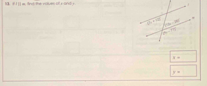 If l||m , find the values of x and y.
x=
y=