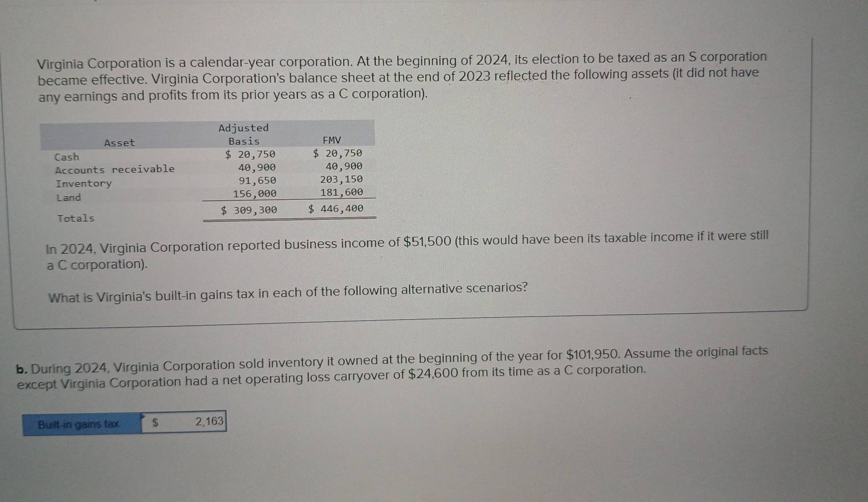 Virginia Corporation is a calendar-year corporation. At the beginning of 2024, its election to be taxed as an S corporation 
became effective. Virginia Corporation's balance sheet at the end of 2023 reflected the following assets (it did not have 
any earnings and profits from its prior years as a C corporation). 
In 2024, Virginia Corporation reported business income of $51,500 (this would have been its taxable income if it were still 
a C corporation). 
What is Virginia's built-in gains tax in each of the following alternative scenarios? 
b. During 2024, Virginia Corporation sold inventory it owned at the beginning of the year for $101,950. Assume the original facts 
except Virginia Corporation had a net operating loss carryover of $24,600 from its time as a C corporation. 
Built-in gains tax $ 2,163