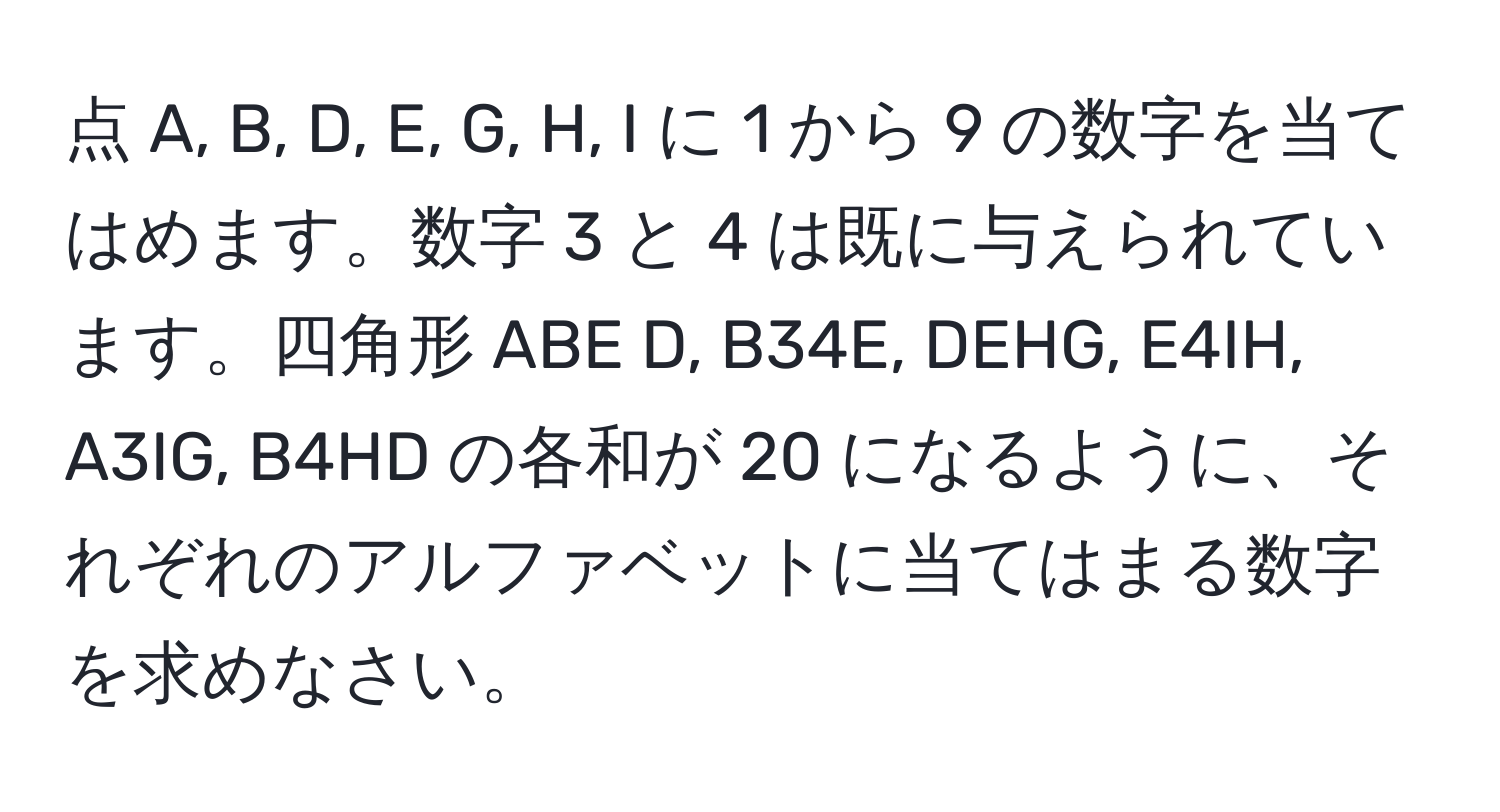 点 A, B, D, E, G, H, I に 1 から 9 の数字を当てはめます。数字 3 と 4 は既に与えられています。四角形 ABE D, B34E, DEHG, E4IH, A3IG, B4HD の各和が 20 になるように、それぞれのアルファベットに当てはまる数字を求めなさい。