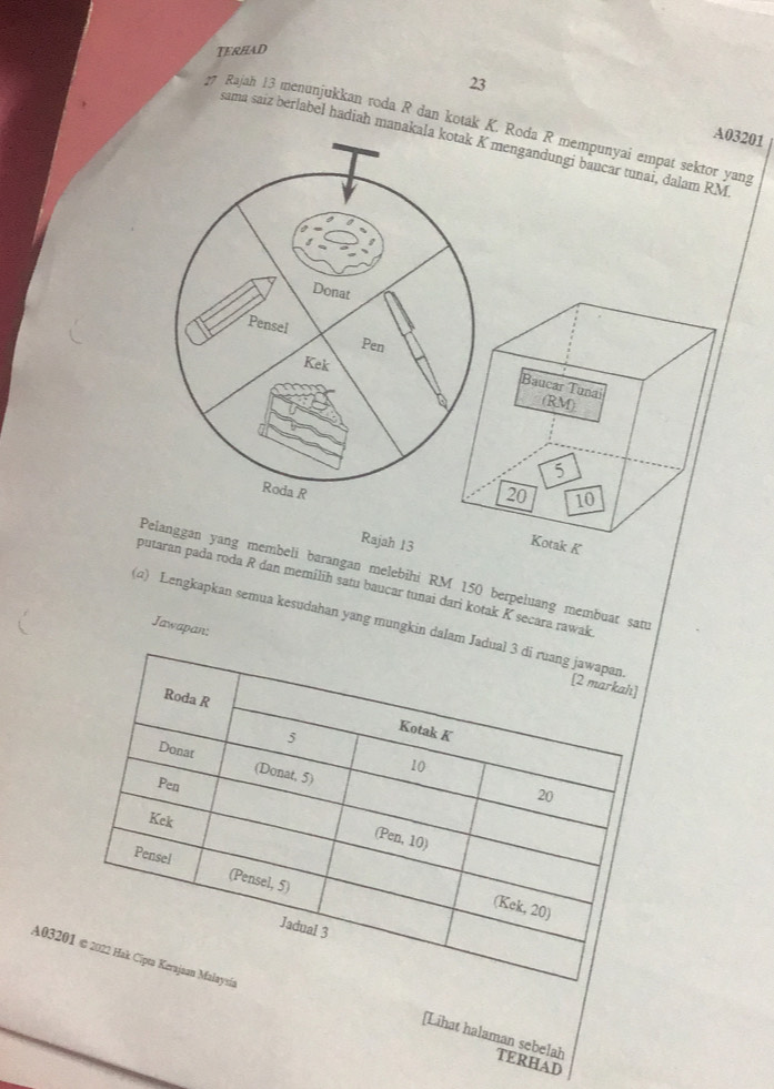 TERHAD 
23 
7 Rajah 13 menunjukkan roda R dan kotak K. Roda R mempunyai empat sektor yang
A03201
sama saiz berlabel hadiah manakala kotak K mengandungi baucar tunai, dalam RM
Donat 
Pensel 
Pen 
Kek 
Roda R
Rajah 13 
Pelanggan yang membeli barangan melebihi RM 150 berpeluang membuat sam 
putaran pada roda R dan memilih satu baucar tunai dari kotak K secara rawak 
Jawapan: 
(a) Lengkapkan semua kesudahan yang mungkin dalam 
A032 
AD