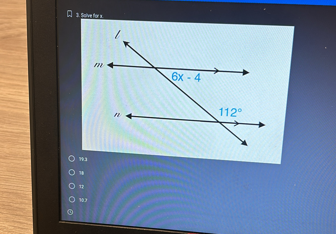 Solve for x.
19.3
18
12
10.7