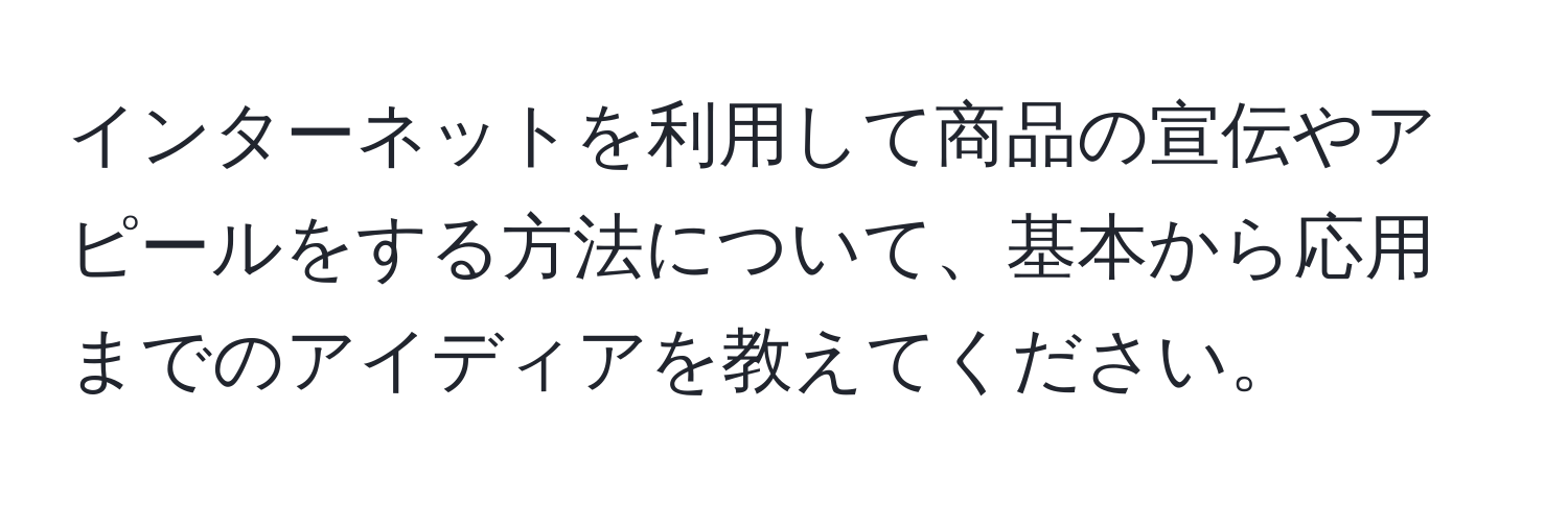 インターネットを利用して商品の宣伝やアピールをする方法について、基本から応用までのアイディアを教えてください。