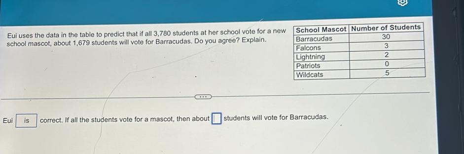 Eui uses the data in the table to predict that if all 3,780 students at her school vote for a ne 
school mascot, about 1,679 students will vote for Barracudas. Do you agree? Explain. 
Eui is correct. If all the students vote for a mascot, then about □ students will vote for Barracudas.