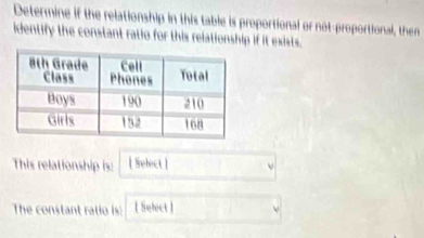 Determine if the relationship in this table is proportional or not-proportional, then 
identify the constant ratio for this relationship if it exists. 
This relationship is: [ Select ] 
The constant ratio is: [ Select ]