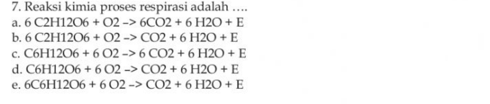 Reaksi kimia proses respirasi adalah ….
a. 6C2H12O6+O2to 6CO2+6H2O+E
b. 6C2H12O6+O2to CO2+6H2O+E
C. C6H12O6+6O2to 6CO2+6H2O+E
d. C6H12O6+6O2to CO2+6H2O+E
e. 6C6H12O6+6O2to CO2+6H2O+E