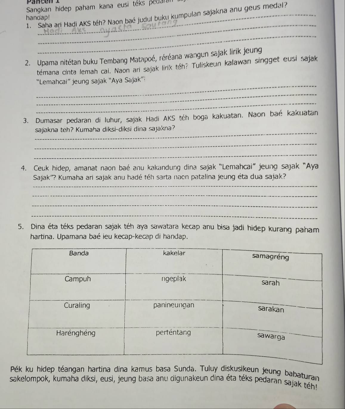 pancen i 
Sangkan hidep paham kana eusi téks pedaral 
1. Saha ari Hadi AKS téh? Naon baé judul buku kumpulan sajakna anu geus medal? 
handap! 
_ 
_ 
2. Upama nitétan buku Tembang Matapoé, réréana wangun sajak lirik jeung 
témana cinta lemah cai. Naon ari sajak lirik téh? Tuliskeun kalawan singget eusi sajak 
_ 
“Lemahcai” jeung sajak “Aya Sajak”! 
_ 
_ 
3. Dumasar pedaran di luhur, sajak Hadi AKS téh boga kakuatan. Naon baé kakuatan 
_ 
sajakna teh? Kumaha diksi-diksi dina sajakna? 
_ 
_ 
4. Ceuk hidep, amanat naon baé anu kakandung dina sajak “Lemahcai” jeung sajak “Aya 
Sajak'? Kumaha ari sajak anu hadé téh sarta naon patalina jeung éta dua sajak? 
_ 
_ 
_ 
_ 
5. Dina éta téks pedaran sajak téh aya sawatara kecap anu bisa jadi hidep kurang paham 
hartina. Upamana baé ieu kecap-kecap di handap. 
Pék ku hidep téangan hartina dina kamus basa Sunda. Tuluy diskusikeun jeung babaturan 
sakelompok, kumaha diksi, eusi, jeung basa anu digunakeun dina éta téks pedaran sajak téh!