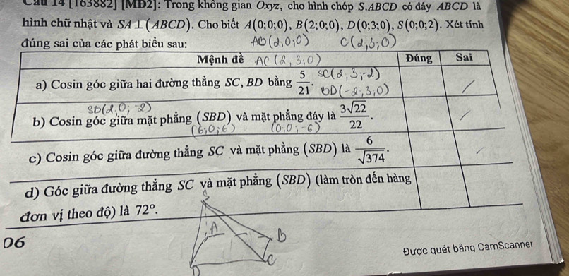 Cau 14 [163882] [MĐ2]: Trong không gian Oxyz, cho hình chóp S.ABCD có đáy ABCD là
hình chữ nhật và SA⊥ (ABCD). Cho biết A(0;0;0),B(2;0;0),D(0;3;0),S(0;0;2). Xét tính
đúng sai phát biểu sau:
06
Được quét bằng CamScanner