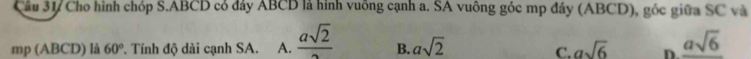 Sầu 31/ Cho hình chóp S. ABCD có đây ABCD là hình vuỡng cạnh a. SA vuông góc mp đây (ABCD), góc giữa SC và
mp (ABCD) là 60° *. Tính độ dài cạnh SA. A.  asqrt(2)/2  B. asqrt(2) asqrt(6) D frac asqrt(6)
C.