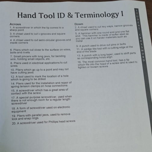 Hand Tool ID & Terminology I m 
Across Down 
sharp point 1. A screwdriver in which the tip comes to a 2. A chisel used to cut key ways, narrow grooves 
and square corners T 
3. A chisel used to cut v-grooves and square 5. A hammer with one round end and one flat 
corners end. This hammer is made of softer steel so C 
inside corners 4. A chisel used to cut semi-circular grooves and you can use it on harder materials such as R 
metal 
bolts and rivets 6. Pliers which cut close to the surface on wires, 9. A punch used to drive out pins or bolts 
end of the blade 11. A wedge like tool with a cutting edge at the 
w 
7. Small pincers with long jaws, for bending 13. A punch with a long taper, used to shift parts 
wire, holding small objects, etc so corresponding holes align R 
wires 8. Pliers used in electrical applications to cut 16. The most common hand tool, has a tip 
D 
10. Pliers which go up to a point and may not which fits into the head of a screw and is used to 
tighten or loosen screws 
have cutting jaws 
12. A tool used to mark the location of a hole 
which is going to be drilled 
14. Pliers used for the installation and repair of 
spring tension clamps on hose connections 
contact with the screw 15. A screwdriver which has a great area of 
17. A special purpose screwdriver, used when 
screwdriver there is not enough room for a regular length 
18. A form of screwdriver used on electronic 
equipment 
19. Pliers with parallel jaws, used to remove 
lock and snap rings 
2D. A screwdriver used for Phillips head screws