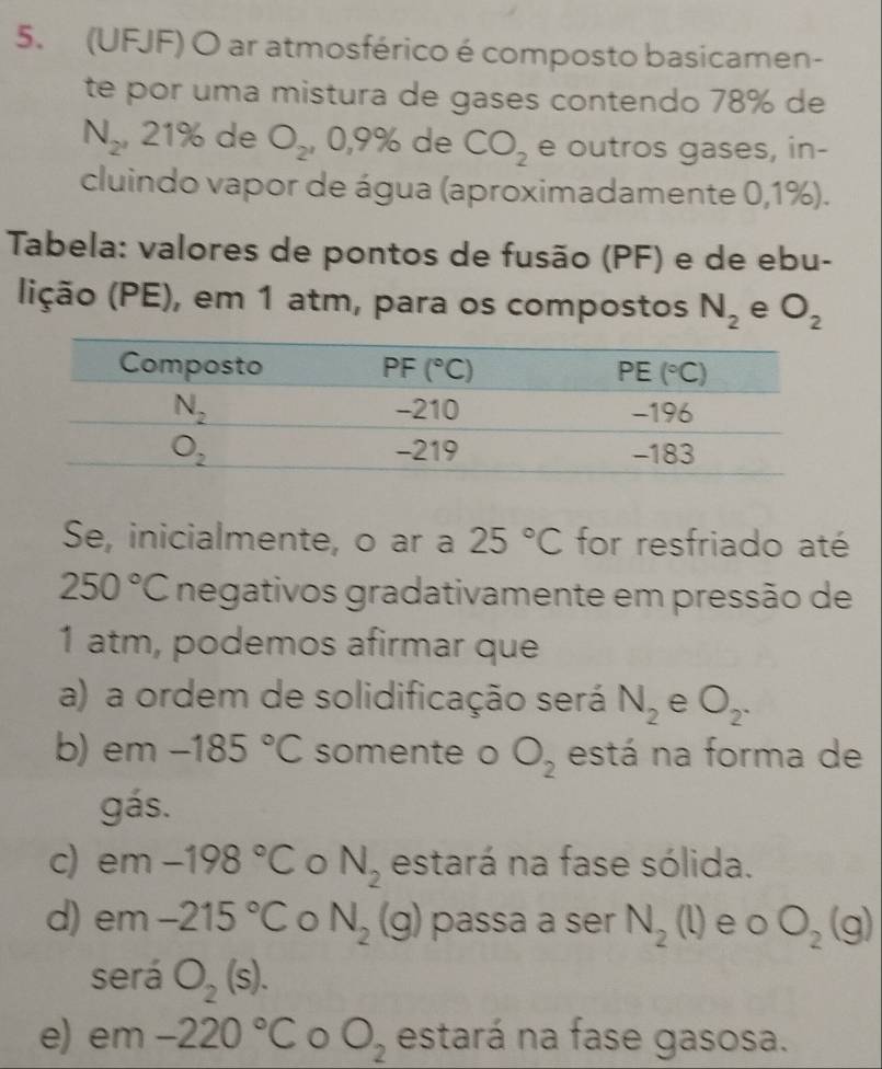 (UFJF) O ar atmosférico é composto basicamen-
te por uma mistura de gases contendo 78% de
N_2,21% de O_2^x 0,9% de CO_2 e outros gases, in-
cluindo vapor de água (aproximadamente 0,1%).
Tabela: valores de pontos de fusão (PF) e de ebu-
lição (PE), em 1 atm, para os compostos N_2 e O_2
Se, inicialmente, o ar a 25°C for resfriado até
250°C negativos gradativamente em pressão de
1 atm, podemos afirmar que
a) a ordem de solidificação será N_2 e O_2.
b) em -185°C somente o O_2 está na forma de
gás.
c) ∠ m-198°C N_2 estará na fase sólida.
d) e m-215°C N_2(g) passa a ser N_2(l) e o O_2(g)
será O_2(s).
e) em -220°C O_2 estará na fase gasosa.