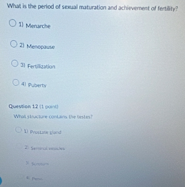 What is the period of sexual maturation and achievement of fertility?
1) Menarche
2) Menopause
3) Fertilization
4) Puberty
Question 12 (1 point)
What structure contains the testes?
1) Prostate gland
2) Seminal vesicles
3) Sceatum
4: Penn