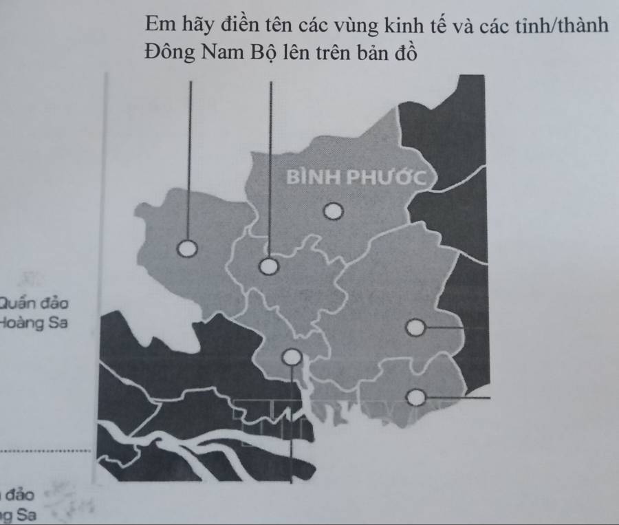 Em hãy điền tên các vùng kinh tế và các tinh/thành 
Đông Nam Bộ lên trên bản đồ 
Quần đảo 
Hoàng Sa 
đảo 
g Sa