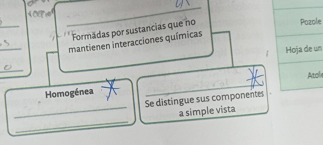 Formadas por sustancias que no 
Pozole 
_ 
mantienen interacciones químicas 
Hoja de un 
_ 
Atole 
Homogénea 
_ 
Se distingue sus componentes 
_ 
a simple vista