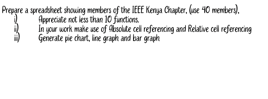 Prepare a spreadsheet showing members of the IEEE Kenya Chapter, (use 40 members), 
i Appreciate not less than 10 functions. 
In your work make use of Absolute cell referencing and Relative cell referencing 
i Generate pie chart, line graph and bar graph