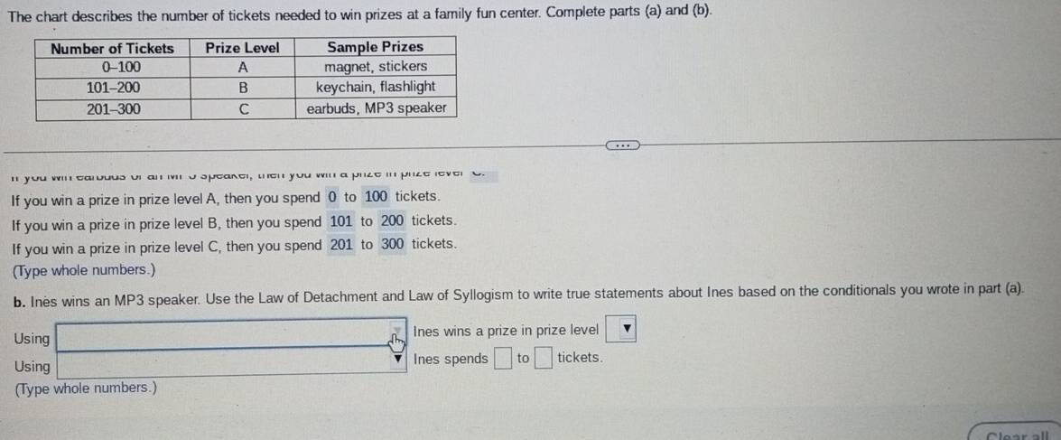 The chart describes the number of tickets needed to win prizes at a family fun center. Complete parts (a) and (b). 
n you win earbuus or an in o speakel, then you win a plze in prize lever 
If you win a prize in prize level A, then you spend 0 to 100 tickets. 
If you win a prize in prize level B, then you spend 101 to 200 tickets. 
If you win a prize in prize level C, then you spend 201 to 300 tickets. 
(Type whole numbers.) 
b. Ines wins an MP3 speaker. Use the Law of Detachment and Law of Syllogism to write true statements about Ines based on the conditionals you wrote in part (a). 
Using □ □ Ines wins a prize in prize level 
Using Ines spends □ 。 □ tickets . 
(Type whole numbers.)