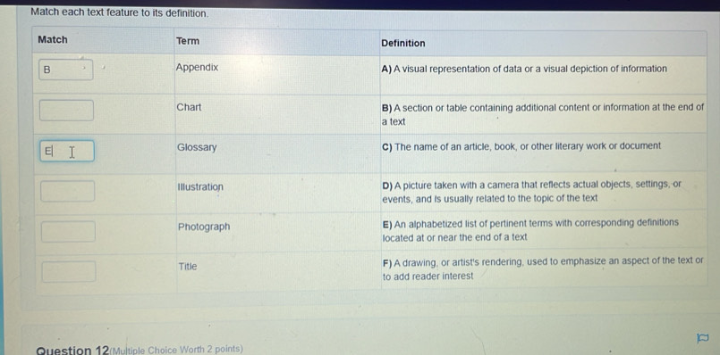 Match each text feature to its definition. 
f 
Question 12(Multiple Choice Worth 2 points)