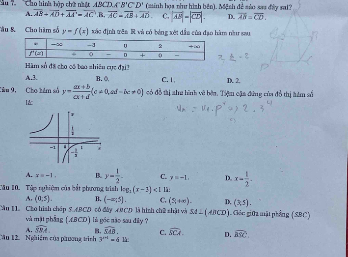 cầu 7. Cho hình hộp chữ nhật ABCD. A'B'C'D' (minh họa như hình bên). Mệnh đề nào sau đây sai?
A. overline AB+overline AD+overline AA'=overline AC' ,B. overline AC=overline AB+overline AD. C. |overline AB|=|overline CD|. D. overline AB=overline CD.
tâu 8. Cho hàm số y=f(x) xác định trên R và có bảng xét dấu của đạo hàm như sau
Hàm số đã cho có bao nhiêu cực đại?
A.3. B. 0. C. 1. D. 2.
Câu 9. Cho hàm số y= (ax+b)/cx+d (c!= 0,ad-bc!= 0) có đồ thị như hình vẽ bên. Tiệm cận đứng của 40° thị hm số
là:
A. x=-1. B. y= 1/2 . C. y=-1. D. x= 1/2 .
Câu 10. Tập nghiệm của bất phương trình log _2(x-3)<1</tex> là:
A. (0;5). B. (-∈fty ;5). C. (5;+∈fty ). D. (3;5).
Câu 11. Cho hình chóp S.ABCD có đáy ABCD là hình chữ nhật và SA⊥ (ABCD). Góc giữa mặt phẳng (SBC)
và mặt phẳng (ABCD) là góc nào sau đây ?
A. widehat SBA. B. widehat SAB. C. widehat SCA. D. widehat BSC.
Câu 12. Nghiệm của phương trình 3^(x+1)=6 là: