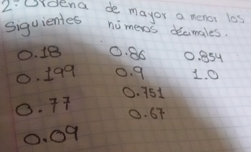 2=0 dena de mayor a menor los
Siguientes no meros decimales.
D. 18 0. 86 0. 854
0. 199 0. 9 1. O
0. 751
O. 77
0. 67
0. 09