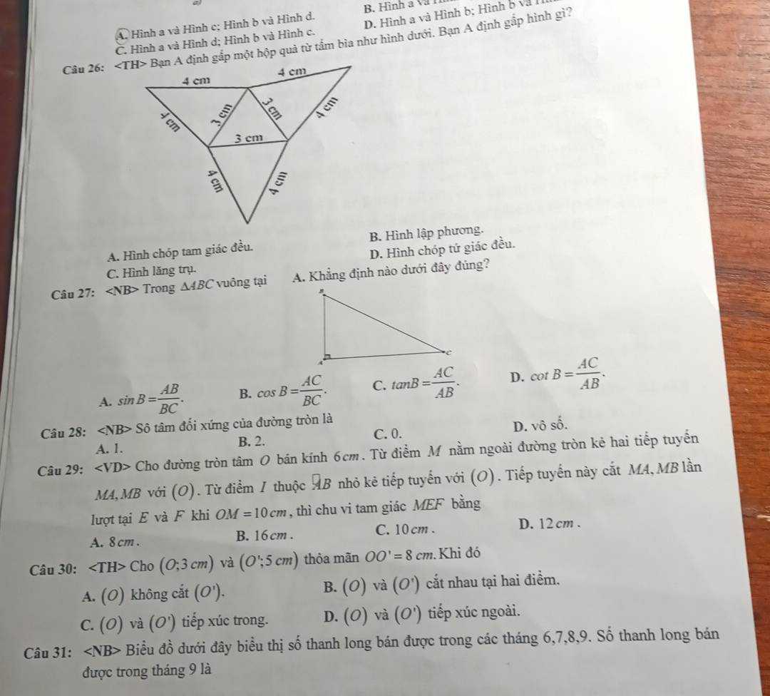 B. Hình a VũI
A. Hình a và Hình c; Hình b và Hình d.
C. Hình a và Hình d; Hình b và Hình c. D. Hình a và Hình b; Hình b và I
Câu 26: Bạn A định gắp một hộp quả từ tấm bìa như hình dưới. Bạn A định gắp hình gì?
A. Hình chóp tam giác đều. B. Hình lập phương.
D. Hình chóp tứ giác đều.
C. Hình lăng trụ.
Câu 27: Trong △ ABC vuông tại A. Khẳng định nào dưới đây đúng?
A. sin B= AB/BC . B. cos B= AC/BC . C. tan B= AC/AB . D. cot B= AC/AB .
Câu 28: ∠ NB>Shat o tâm đối xứng của đường tròn là
A. 1. B. 2. C. 0. D. vhat oshat o.
Câu 29: Cho đường tròn tâm 0 bán kính 6cm. Từ điểm M nằm ngoài đường tròn kẻ hai tiếp tuyển
MA,MB với (O). Từ điểm 1 thuộc AB nhỏ kẻ tiếp tuyến với (O). Tiếp tuyến này cắt MA,MB lần
lượt tại E và F khi OM=10cm , thì chu vi tam giác MEF bằng
A. 8 cm . B. 16 cm . C.10 cm . D. 12 cm .
Câu 30: Cho(O;3cm) và (O';5cm) thỏa mãn OO'=8cm. Khi đó
A. (O) không cắt (O'). B. (O) và (O') cắt nhau tại hai điểm.
C. (O) và (O') tiếp xúc trong. D. (O) và (O') tiếp xúc ngoài.
Câu 31: ∠ NB> Biểu đồ dưới đây biểu thị số thanh long bán được trong các tháng 6,7,8,9. Số thanh long bán
được trong tháng 9 là