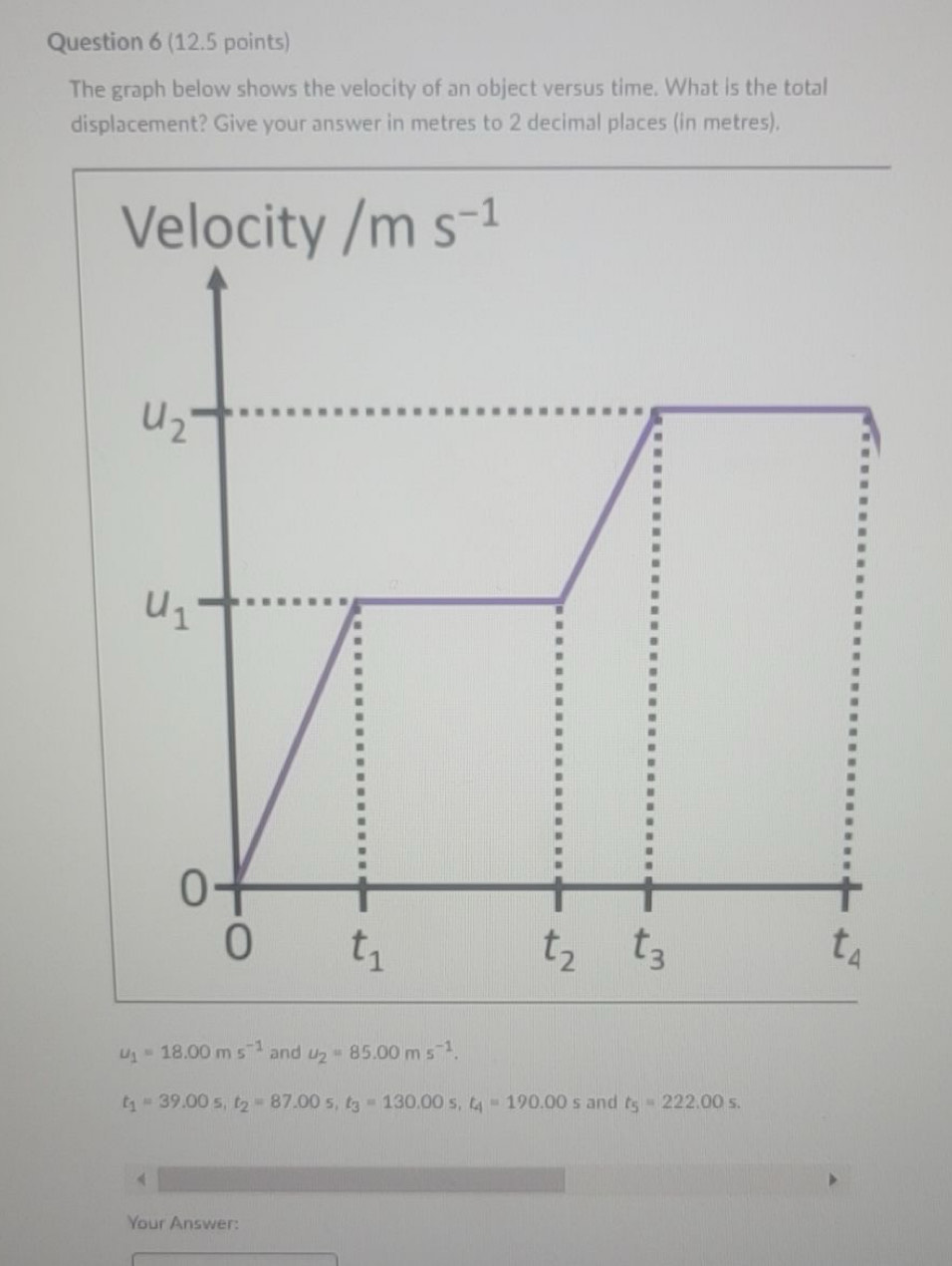 The graph below shows the velocity of an object versus time. What is the total
displacement? Give your answer in metres to 2 decimal places (in metres).
u_1=18.00ms^(-1) and u_2=85.00ms^(-1).
t_1=39.00s,t_2=87.00s,t_3=130.00s,t_4=190.00s and t_5=222.00s.
Your Answer: