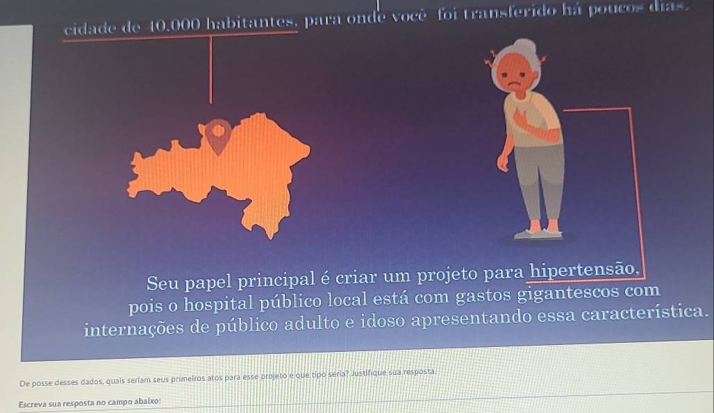 cidade de 40,000 habitantes. para onde vocé foi transferido há poucos días. 
Seu papel principal é criar um projeto 
pois o hospital público local está com gastos gigantescos com 
internações de público adulto e idoso apresentando essa característica. 
De posse desses dados, quais seríam seus primeiros atos para esse projeto e que tipo seria? Justifique sua resposta. 
Escreva sua resposta no campo abaixo: